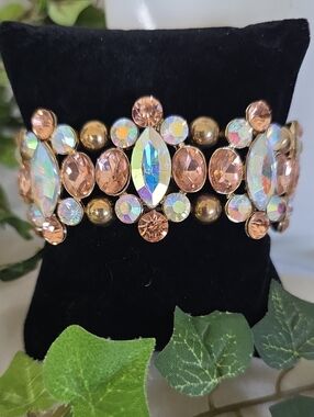 Gold Aurora Borealis Rhinestone Stretch Bracelet Champagne Crystal  Statement